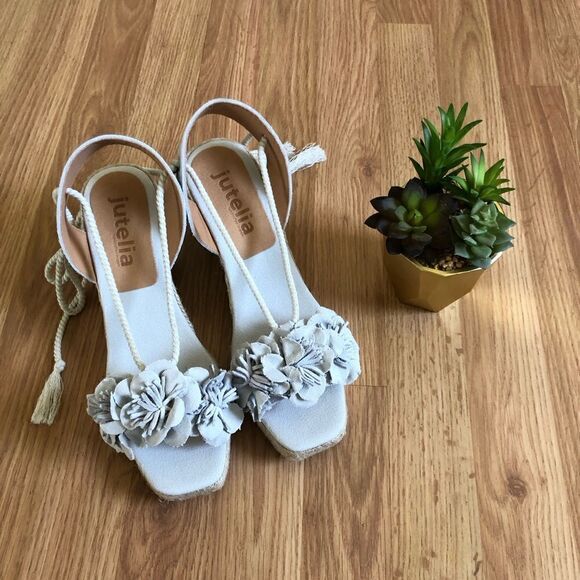 NWT Jutelia Made In Spain Women’s Suede Flower Wedge Espadrilles - Picture 2 of 14